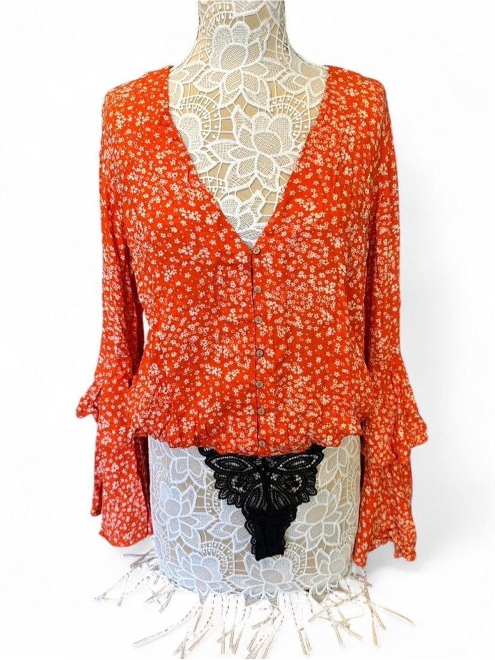 Free People Orange Floral V-Neck Button Bodysuit